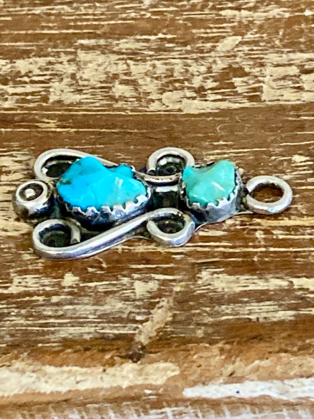 Small Southwestern Style Pendant Silver Tone with Two Blue Stones Sawtooth Bezel - Picture 4 of 11